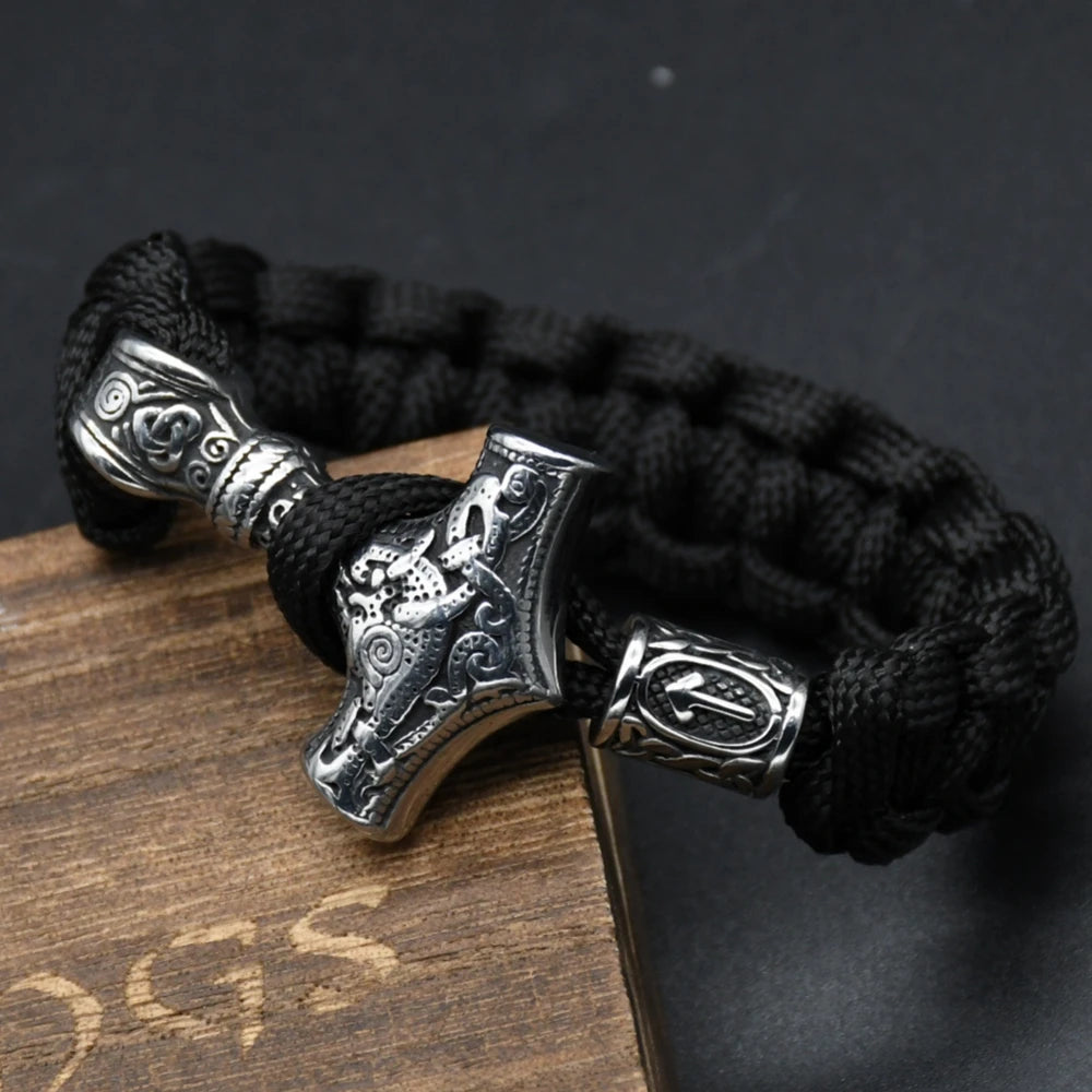 Handmade Stainless Steel Viking Thors Hammer Survival Bracelets