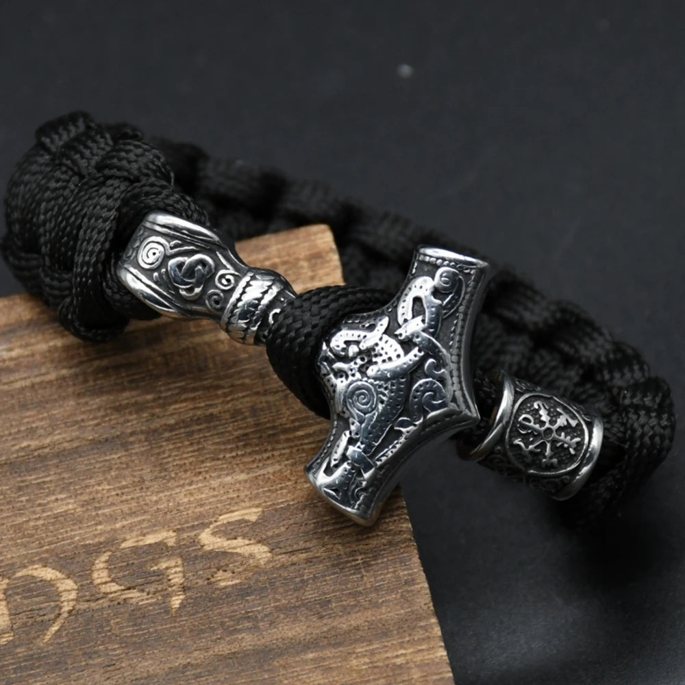 Handmade Stainless Steel Viking Thors Hammer Survival Bracelets