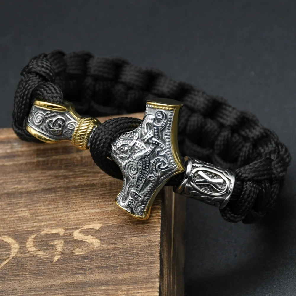 Handmade Stainless Steel Viking Thors Hammer Survival Bracelets