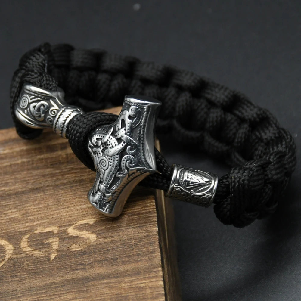 Handmade Stainless Steel Viking Thors Hammer Survival Bracelets